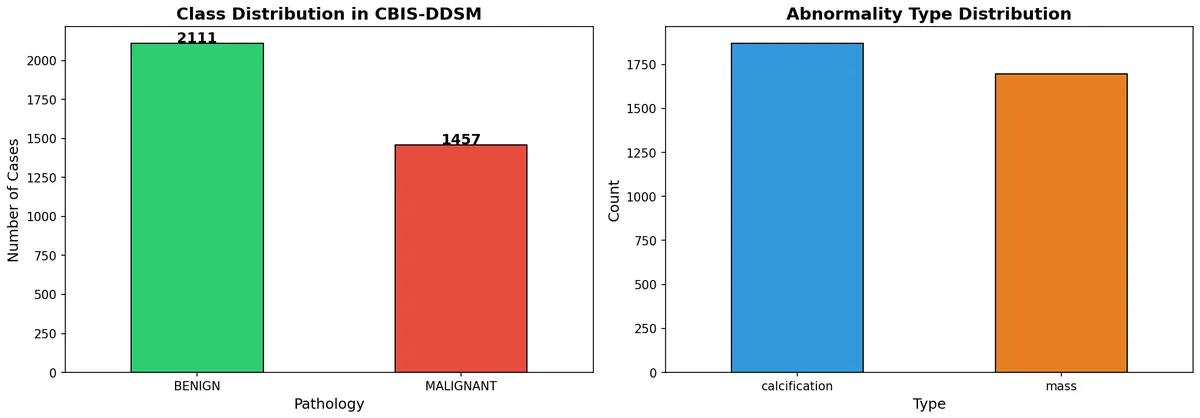 Bar chart of benign versus malignant image counts in the CBIS-DDSM subset