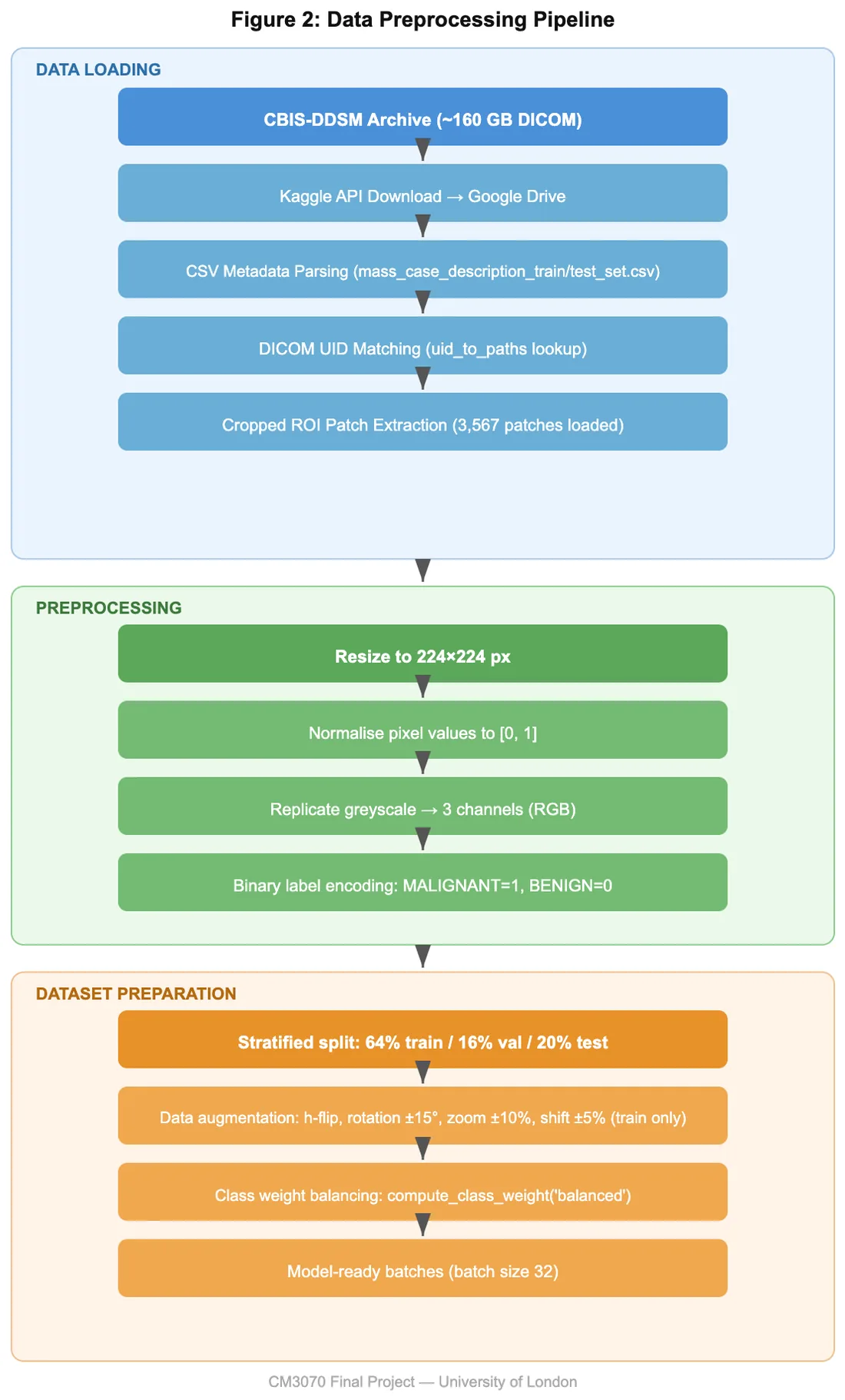 Diagram of the data preparation pipeline from raw DICOM through resizing and augmentation